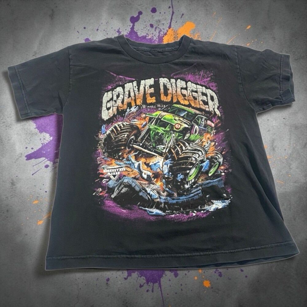 Vintage 90s Grave Digger Monster Jam T-Shirt Youth LARGE Black Graphic Print Tee